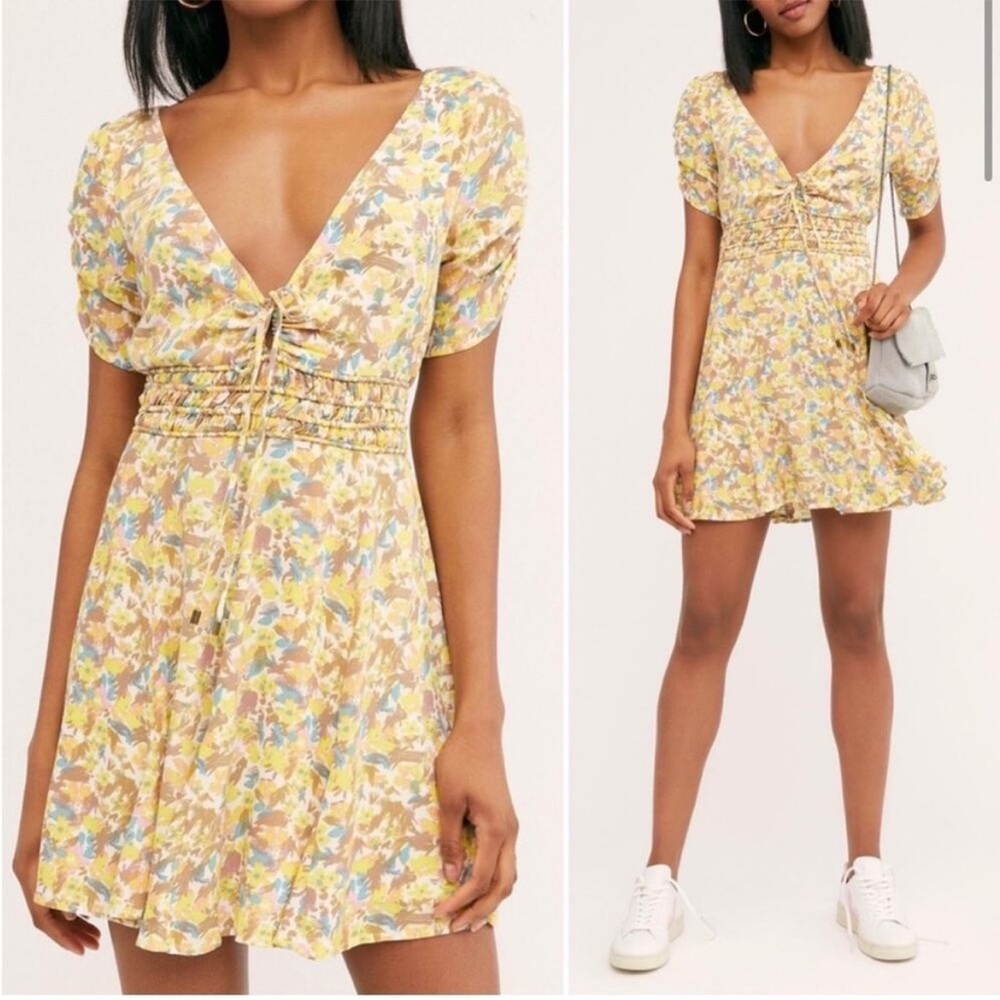 FREE PEOPLE Forget Me Not Yellow Floral Cottagecore Mini Dress Size 10